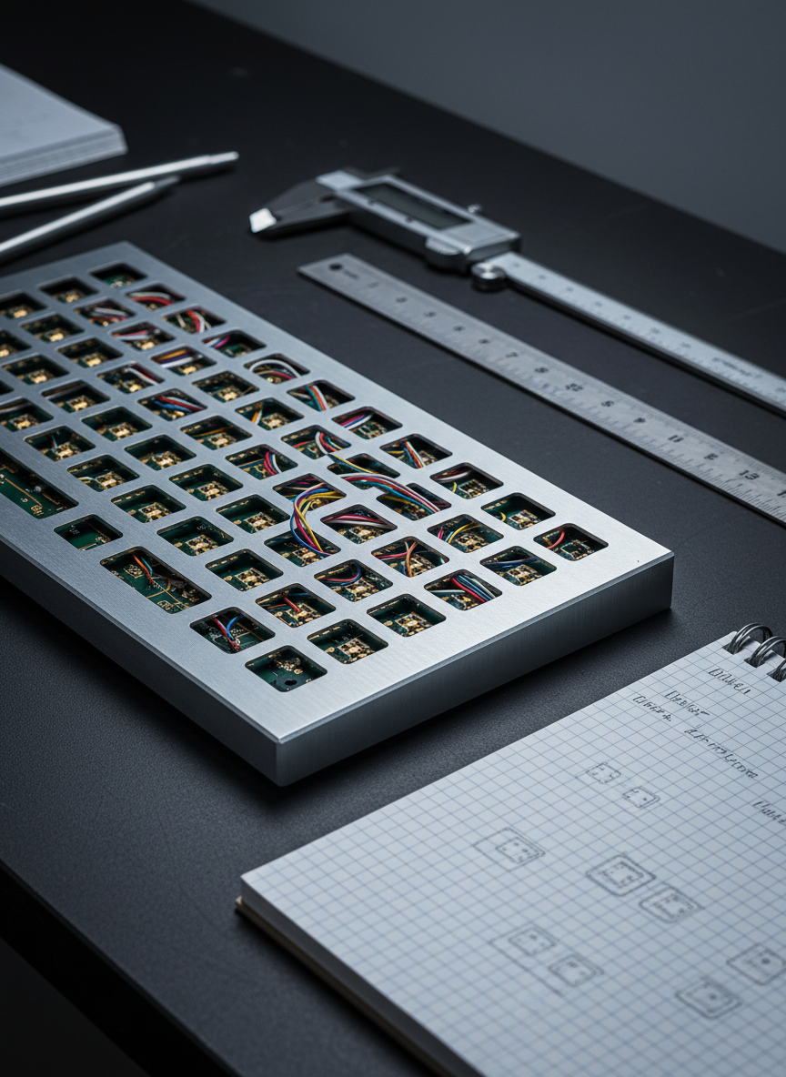 A meticulously detailed close-up of a brushed aluminum mechanical keyboard plate, exposed without keycaps, revealing precision-milled switch cutouts, gold-plated PCB traces, and neatly routed wiring beneath. The assembly rests on a dark matte engineering workbench scattered with calipers, a stainless steel ruler, and an open notebook filled with faint grid lines and pencil sketches of key layouts. Cool, diffused overhead studio lighting creates crisp reflections along the metal edges and soft shadows around the components. Captured at a slightly elevated three-quarter angle with shallow depth of field, the foreground plate in sharp focus and the tools subtly blurred. The atmosphere is professional, methodical, and quietly focused, emphasizing engineering design craft in clean, modern photographic realism.